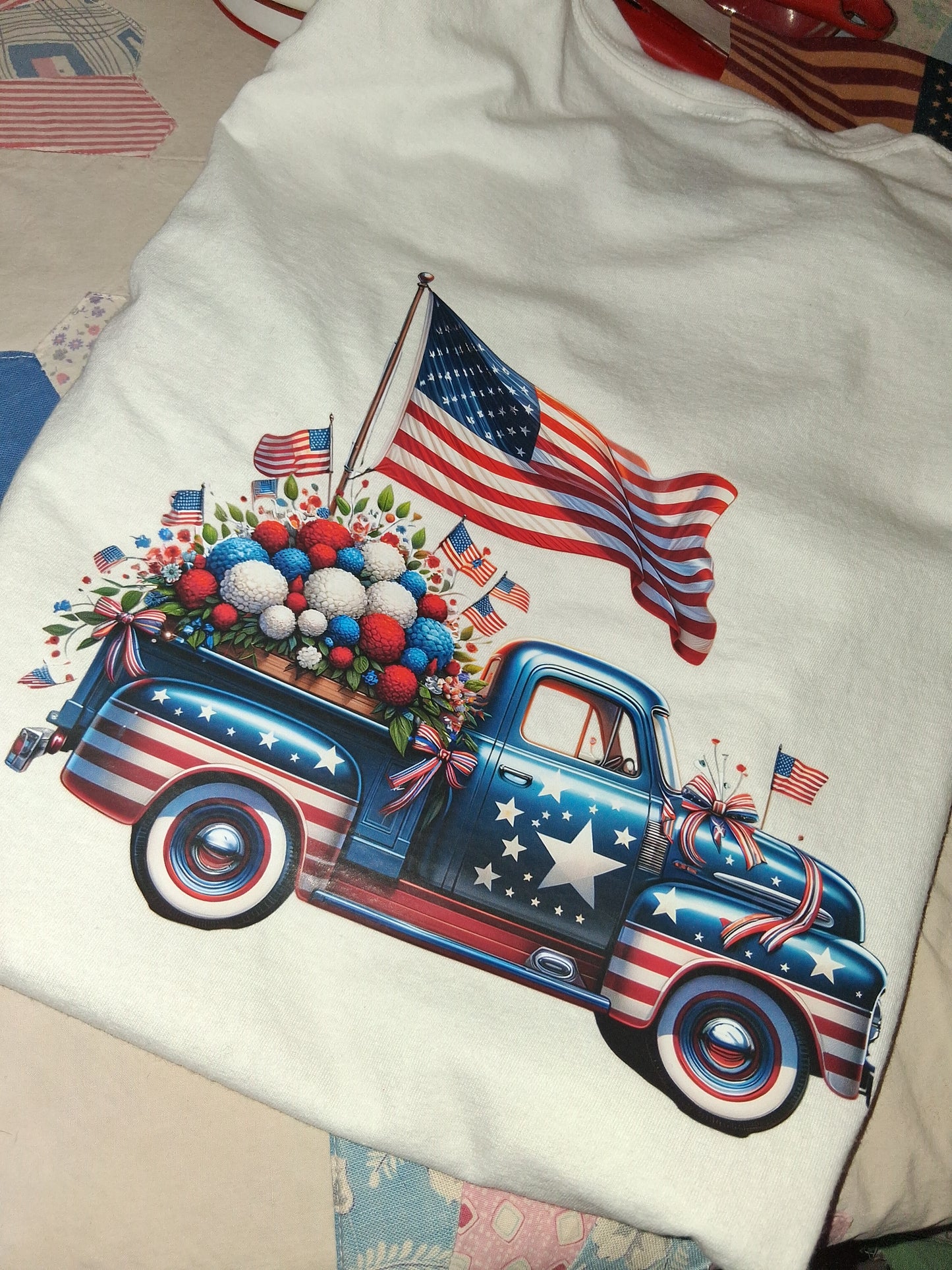 Americana Hearts & Vintage Truck Tee | Front & Back Graphic | Size Small on a patterned surface.