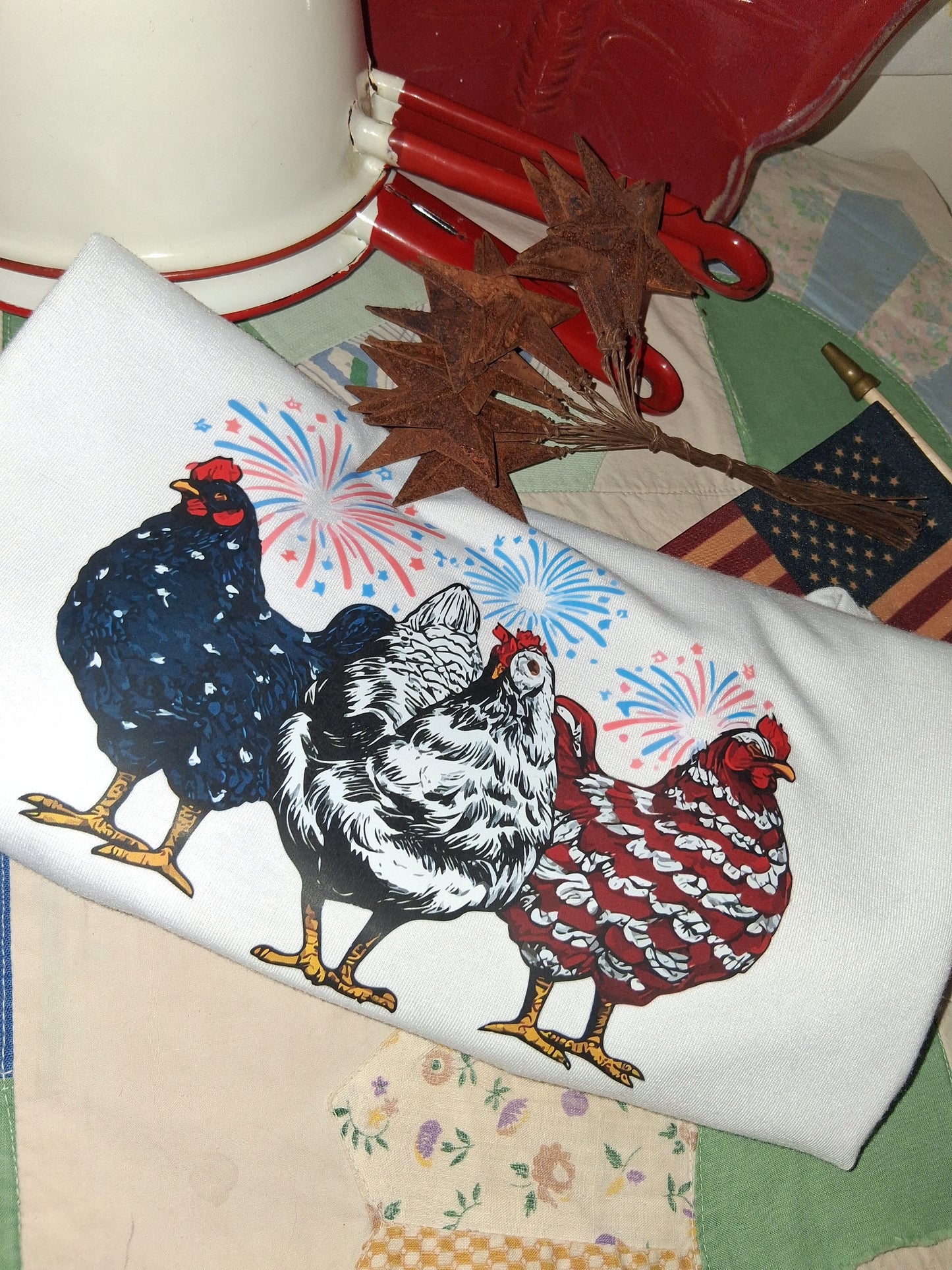 Patriotic Chicken Fireworks V-Neck Tee | Women's Medium | Farmhouse Americana Style on a patriotic background on a quilt