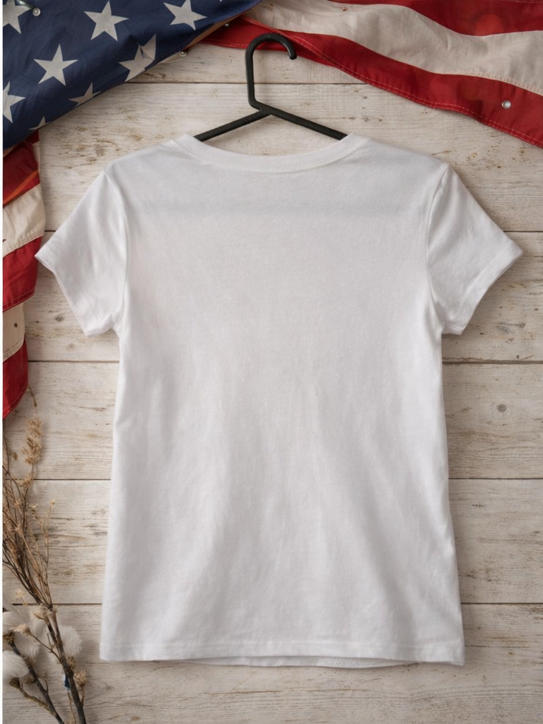 Patriotic Gnome DTF Heat Transfer Tee – 4th of July Graphic Shirt on wooden background with American flag