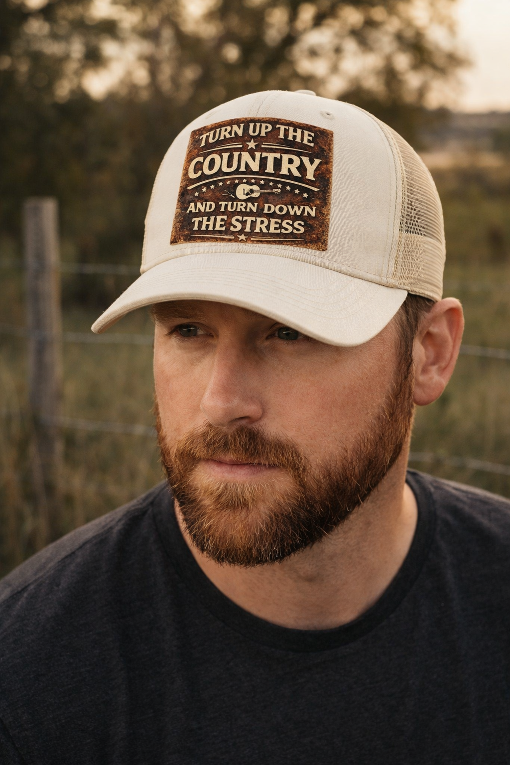 Man wearing a cap with Turn Up The Country PNG File in an outdoor setting.