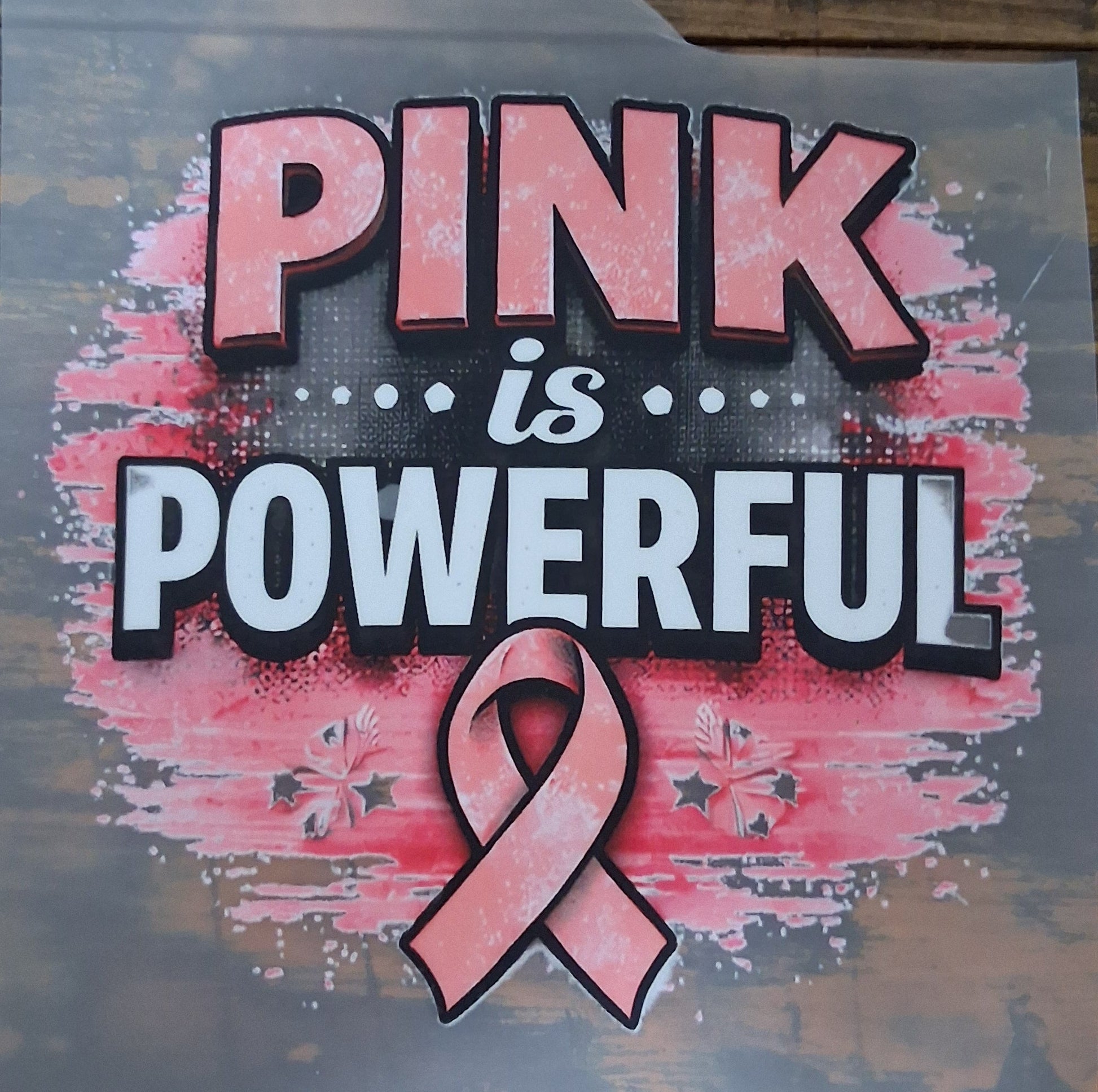 Breast Cancer DTF Transfer Bundle on a wooden surface