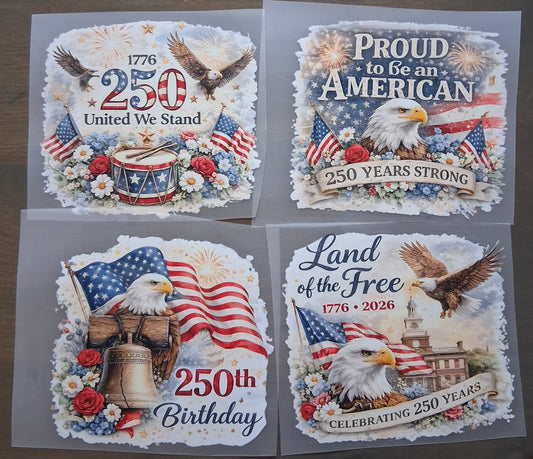 Proud USA Pack - Small DTF Transfers against a dark wooden background