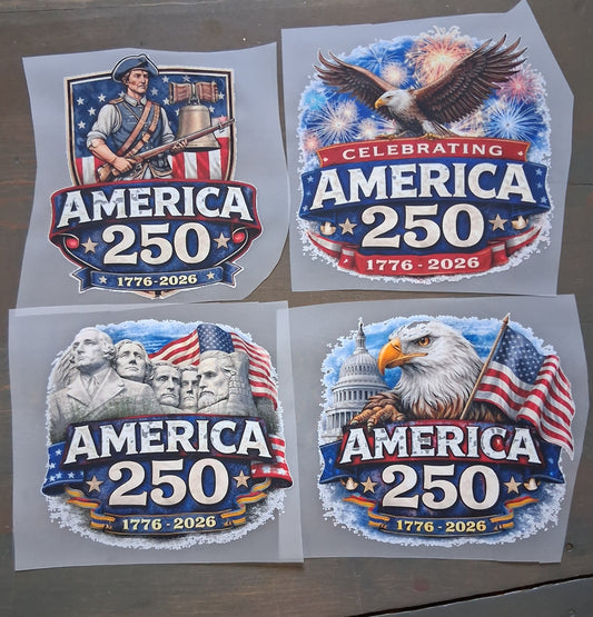 America 250 DTF Transfer Bundle on a dark wooden background
