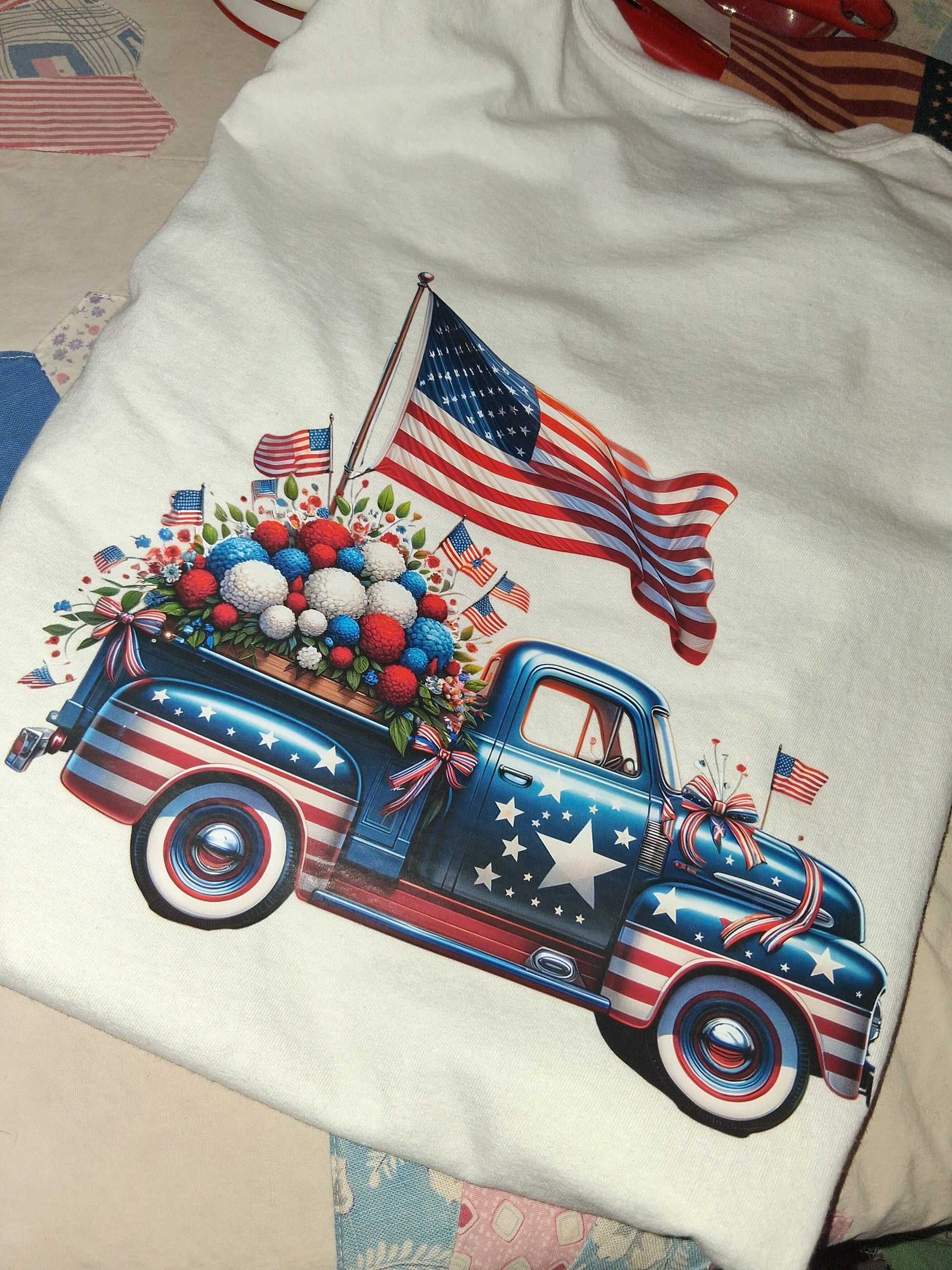 Americana Hearts & Vintage Truck Tee | Front & Back Graphic | Size Small on a patterned surface.