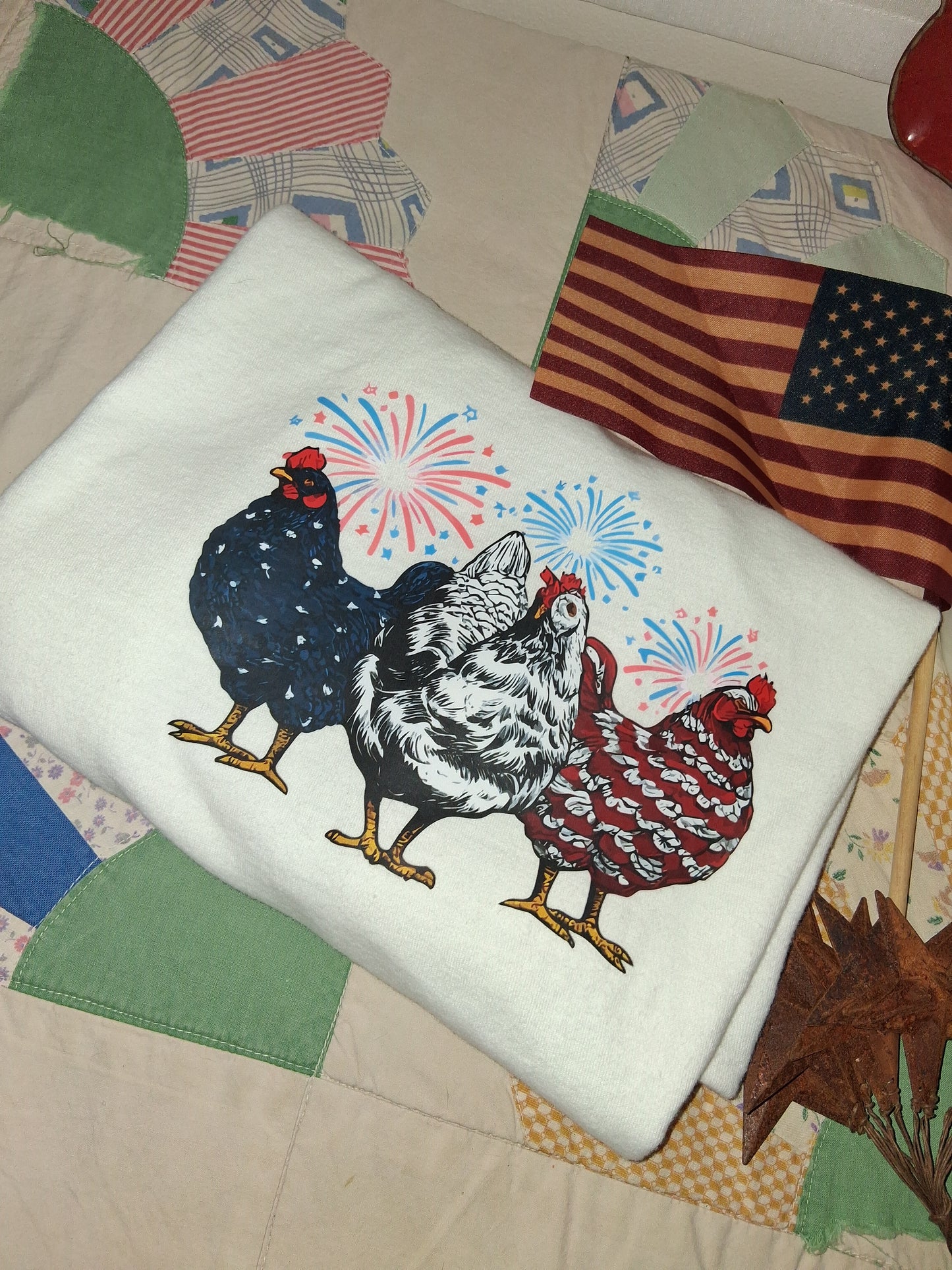 Patriotic Chicken Shirt | Farmhouse Americana Tee | Raw Hem Crop Top Large on a patchwork quilt