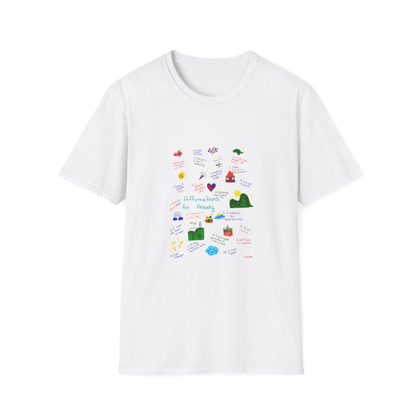 Affirmations for Anxiety Tee | Hand-Drawn Mental Health Graphic T-Shirt on a white background