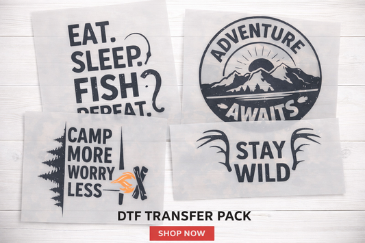  Outdoor Pack - 4 DTF Transfers against a white wooden background.