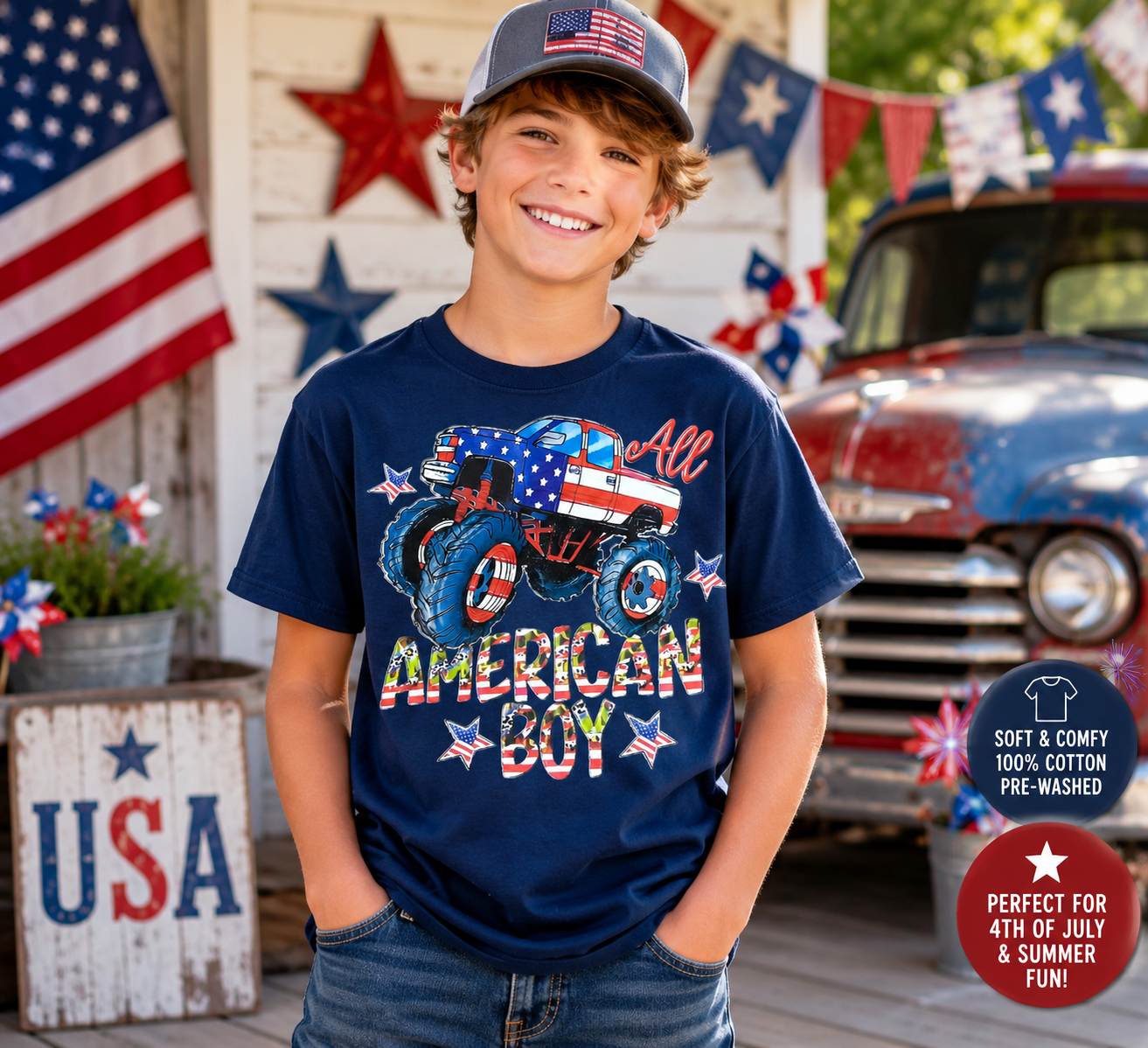 Child wearing American Boy Monster Truck Tee | Youth Large, standing in front of a decorated Independence Day setting.