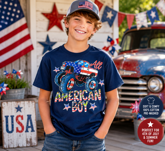 Child wearing American Boy Monster Truck Tee | Youth Large, standing in front of a decorated Independence Day setting.