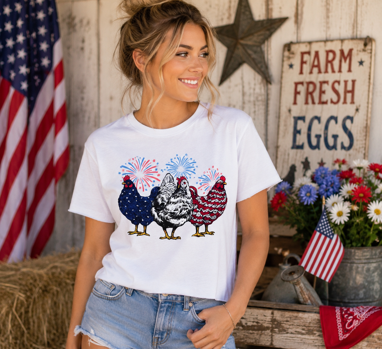 Woman wearing Patriotic Chicken Shirt | Farmhouse Americana Tee | Raw Hem Crop Top Large, standing in a rustic setting with an American flag and 'Farm Fresh Eggs' sign.