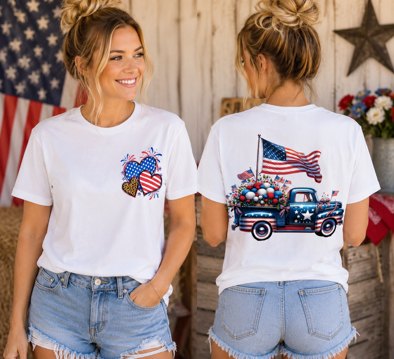 Women wearing Americana Hearts & Vintage Truck Tee | Front & Back Graphic | Size Smallin front of an American flag.