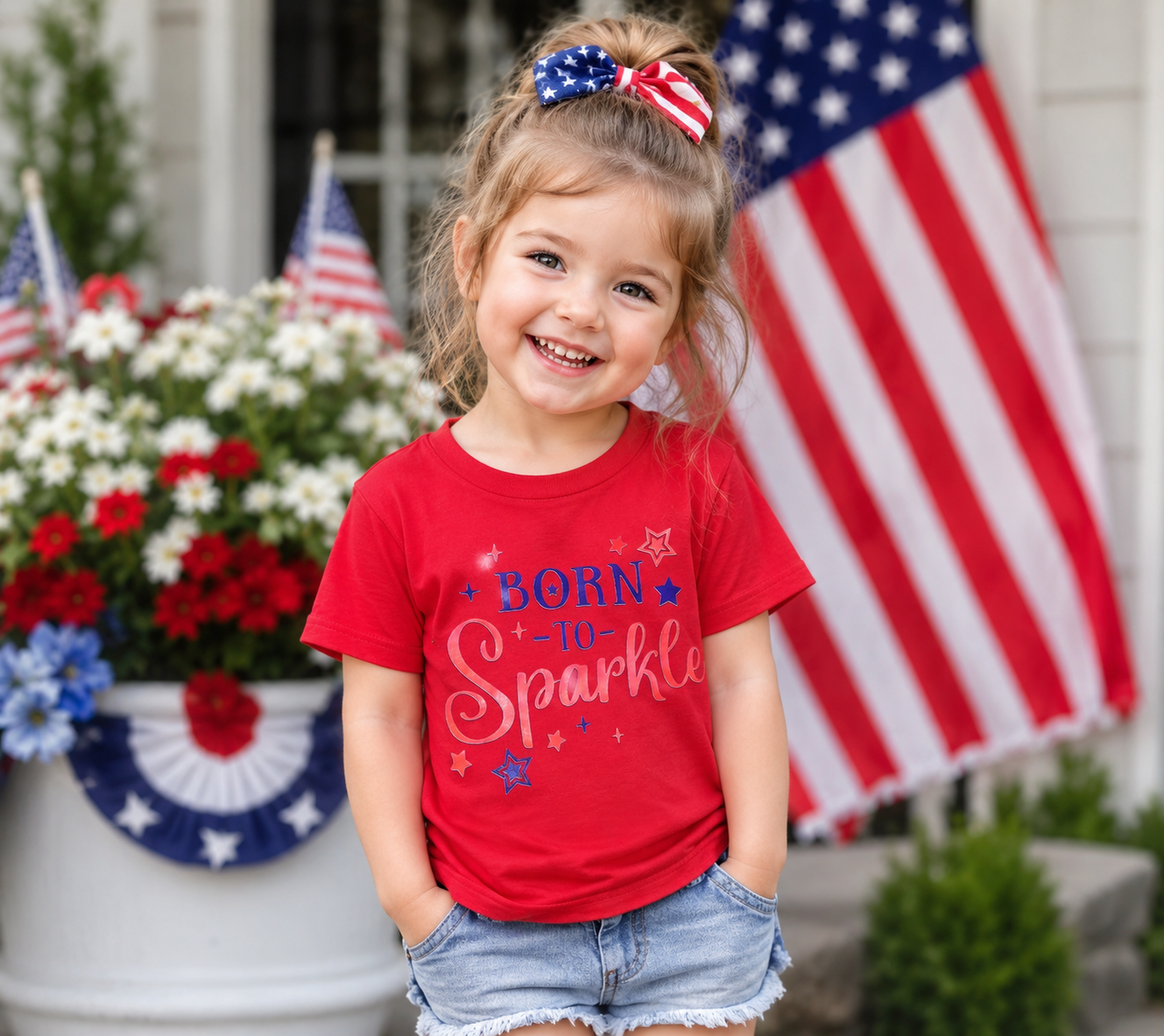 Child wearing Born To Sparkle Toddler Tee | Patriotic 4th of July Shirt | Size 4T, standing in front of American flags and flowers.
