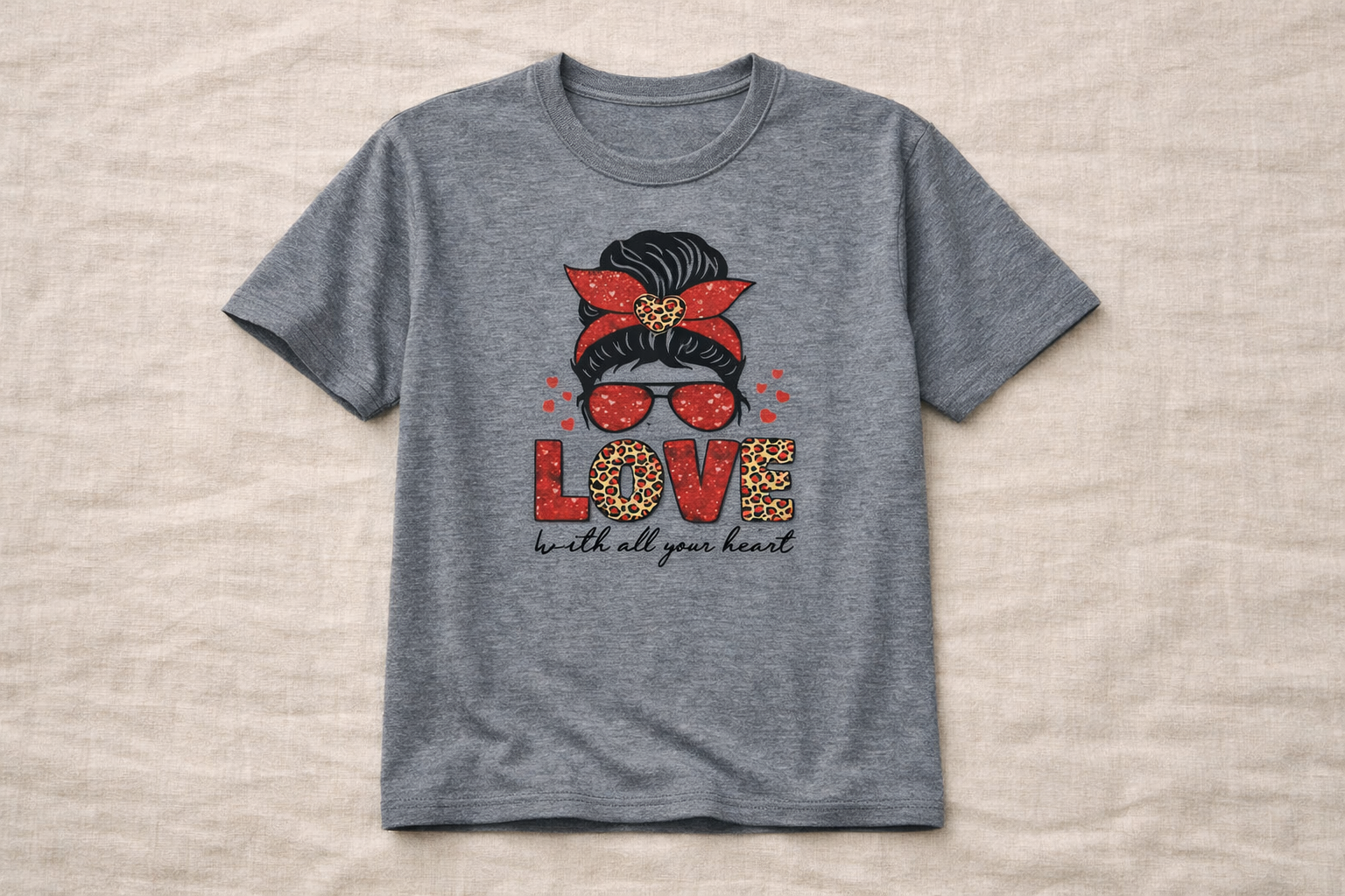 Love is All You Need Tee against a natural linen background