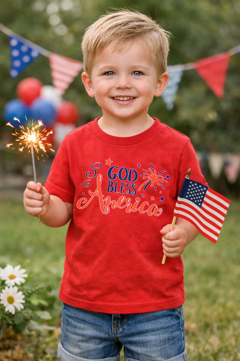Child wearing a red God Bless America Toddler Tee – Patriotic 4th of July Shirt holding a sparkler and small American flag, with a festive background.