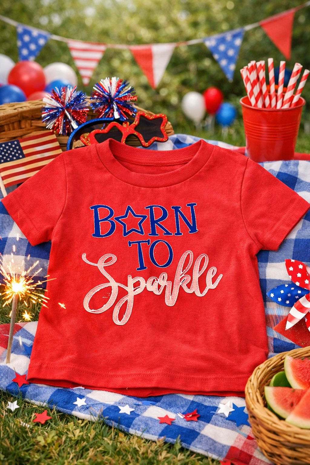 Red Born to Sparkle Tee – Patriotic 4th of July Shirt on a festive outdoor setting with flags and balloons.