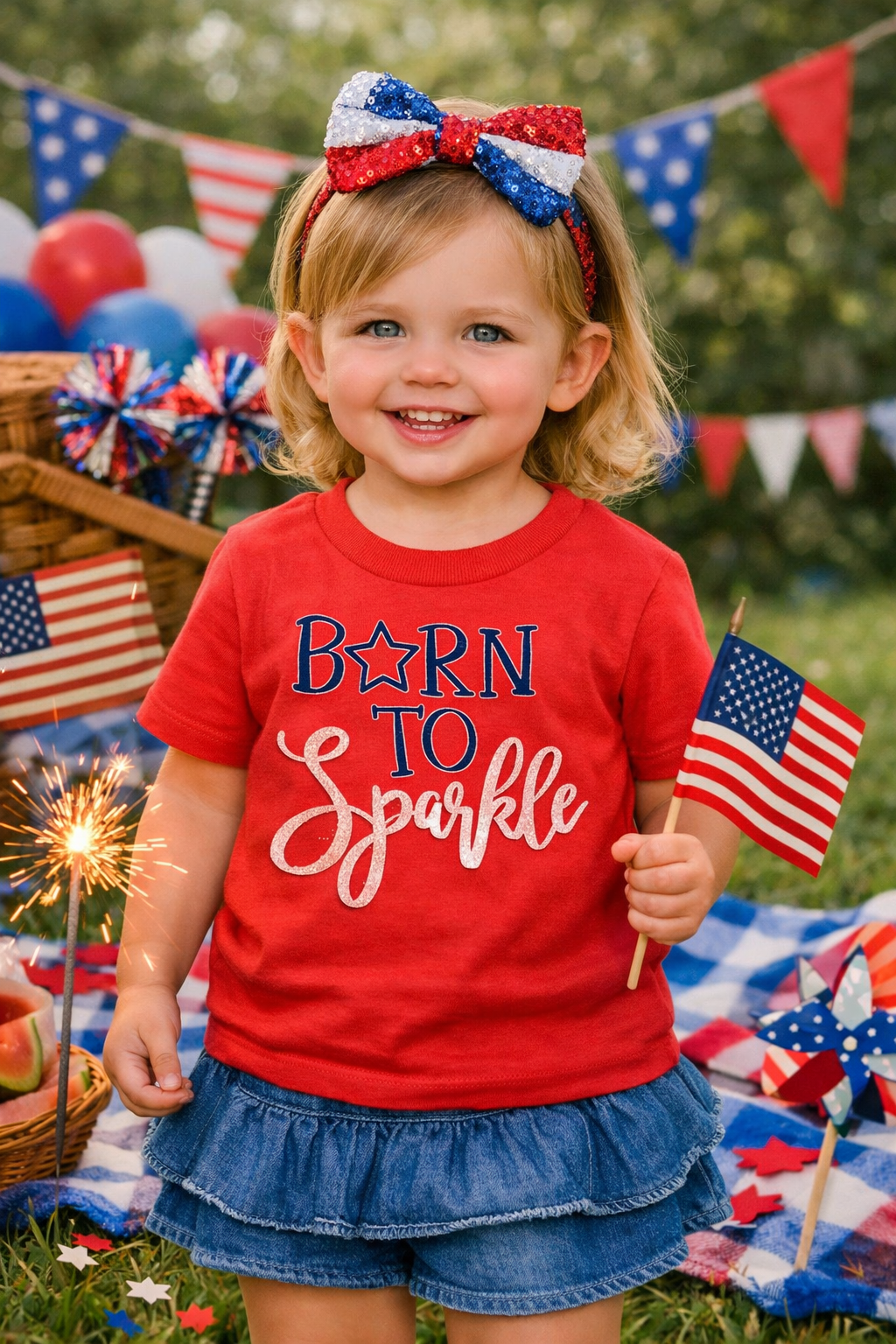 Child wearing a red Born to Sparkle Tee – Patriotic 4th of July Shirt with patriotic accessories in a festive outdoor setting.
