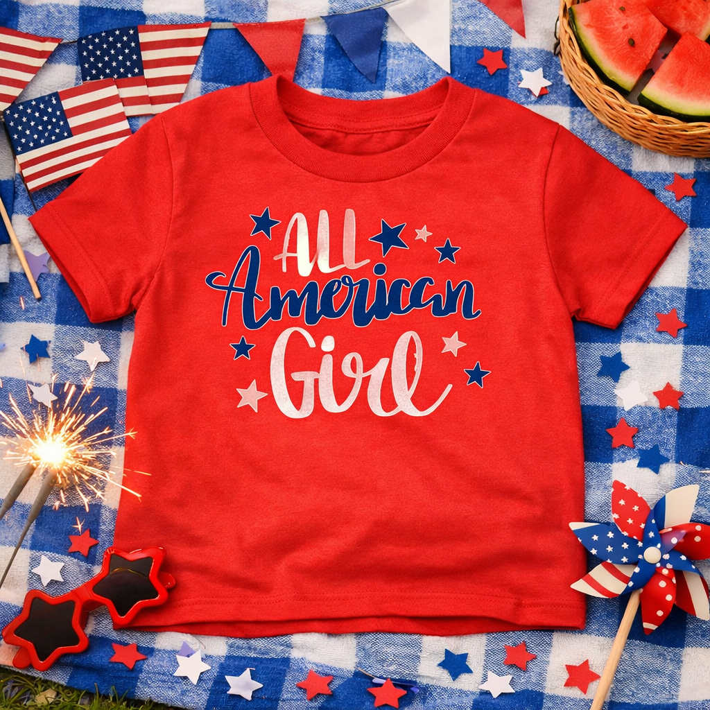 Red All  American Girl Tee – Patriotic 4th of July Shirt on a blue checkered tablecloth with patriotic decorations.