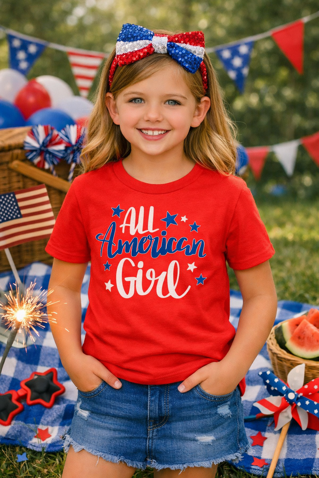 Young girl wearing a All  American Girl Tee – Patriotic 4th of July Shirt with patriotic accessories outdoors.