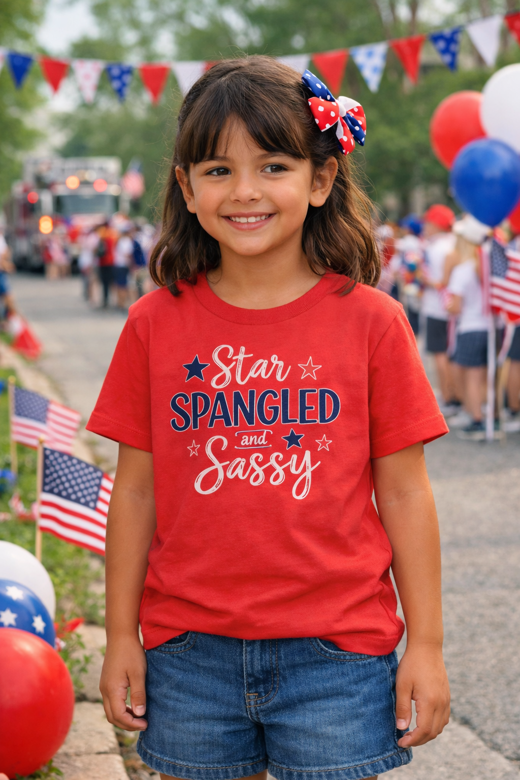Young girl wearing Star Spangled and Sassy Tee – Patriotic 4th of July Shirt, standing outdoors with American flags and balloons in the background.