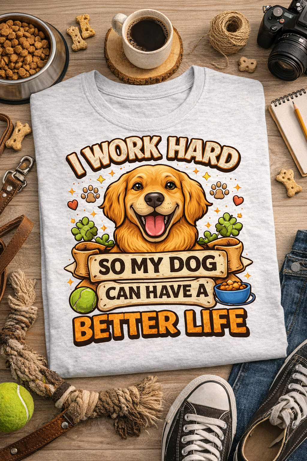 White t-shirt with Golden Retriever Work Hard Better Life PNG File on a wooden surface with pet-related items.