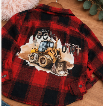 Upcycled Kids Flannel | “Just A Boy Who Loves Dirt” Graphic Flannel