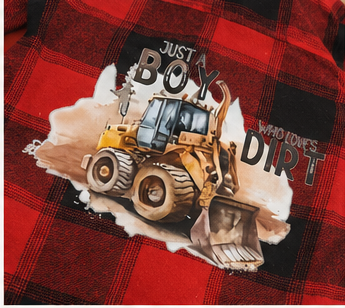 Upcycled Kids Flannel | “Just A Boy Who Loves Dirt” Graphic Flannel