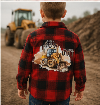 Upcycled Kids Flannel | “Just A Boy Who Loves Dirt” Graphic Flannel
