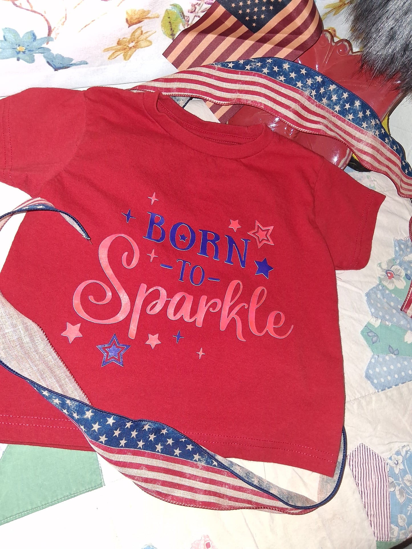 Born To Sparkle Toddler Tee | Patriotic 4th of July Shirt | Size 4T on a colorful background
