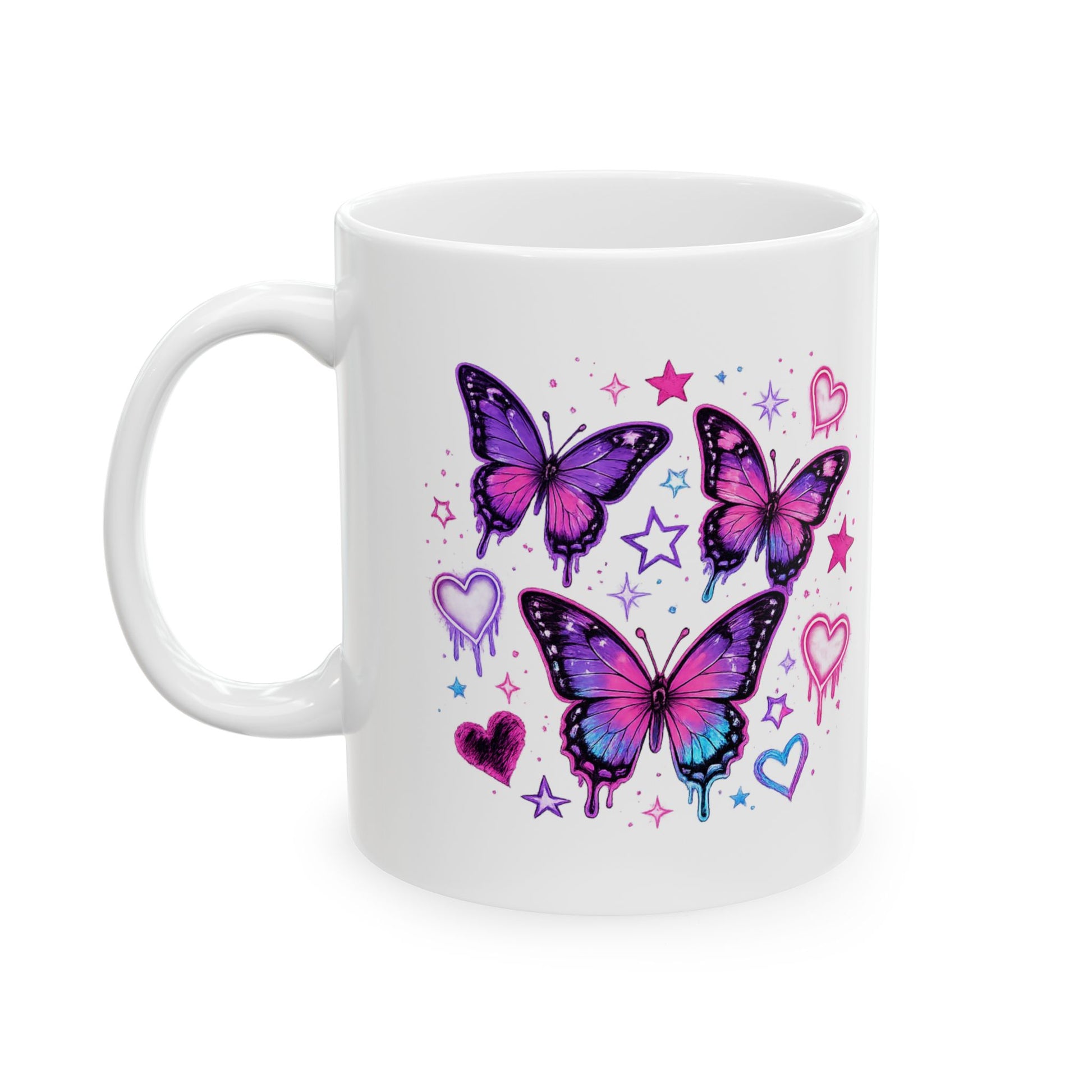 White mug with Butterflies and Hearts and Stars Version 1 PNG File design on a white background