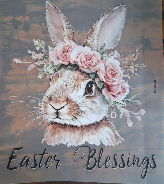 Victorian Bunny Easter Blessings DTF Heat Transfer on a dark wooden background